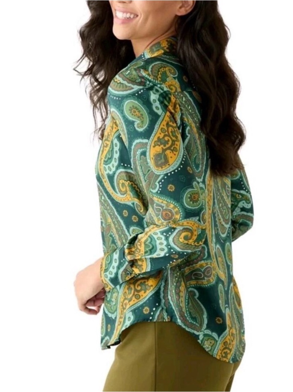 Chelsea & Theodore Paisley Satin Button Down Blouse Large Business Casual Boho - Picture 5 of 6